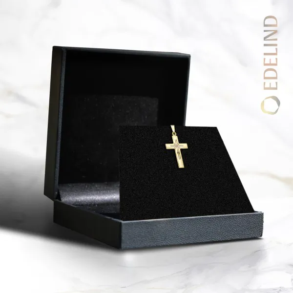 Anhänger Kreuz seidenmatt/diamantiert , Gelbgold 585 / 14K, Höhe 21 mm, Gewicht ca. 0,85 g