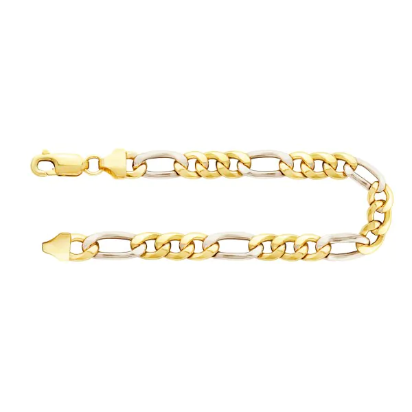 Armband als Figarokette hohl Bicolor in Gelbgold / Weißgold 333 / 8K, 19 cm lang, 5,7 mm breit, Gewicht ca. 4.06 g.