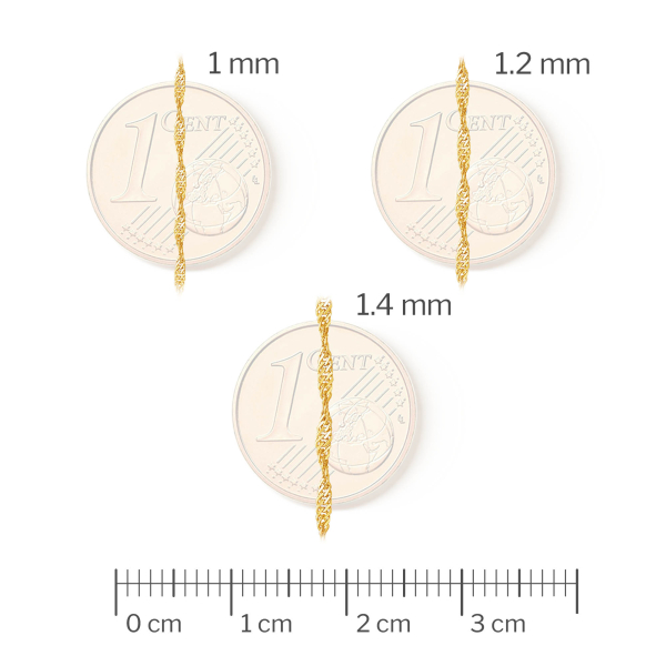 Goldkette als Singapurkette in Gelbgold 585 / 14K, 42 cm lang, 1,2 mm breit, Gewicht ca. 1.2 g.
