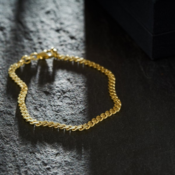 Armband als Panzerkette flach in Gelbgold 585 / 14K, 25 cm lang, 3,4 mm breit, Gewicht ca. 7.8 g.