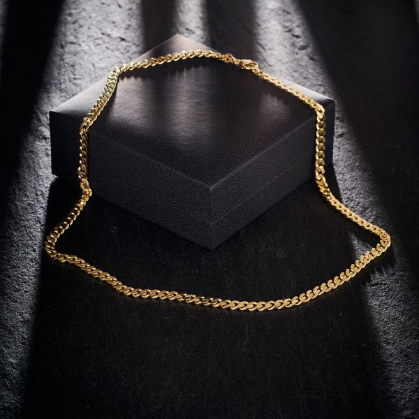 Goldkette als Panzerkette flach in Gelbgold 585 / 14K, 50 cm lang, 4,7 mm breit, Gewicht ca. 28.4 g.