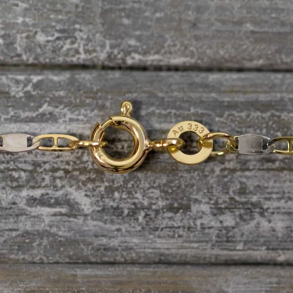 Goldkette als Panzerstegkette in Bicolor Gelbgold / Weißgold 333 / 8K, 50 cm lang, 2,1 mm breit, Gewicht ca. 2 g.