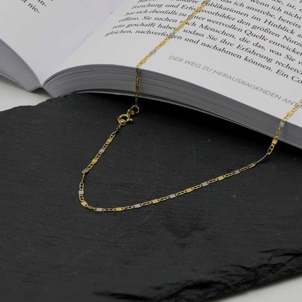 Goldkette als Panzerstegkette in Bicolor Gelbgold / Weißgold 333 / 8K, 50 cm lang, 2,1 mm breit, Gewicht ca. 2 g.