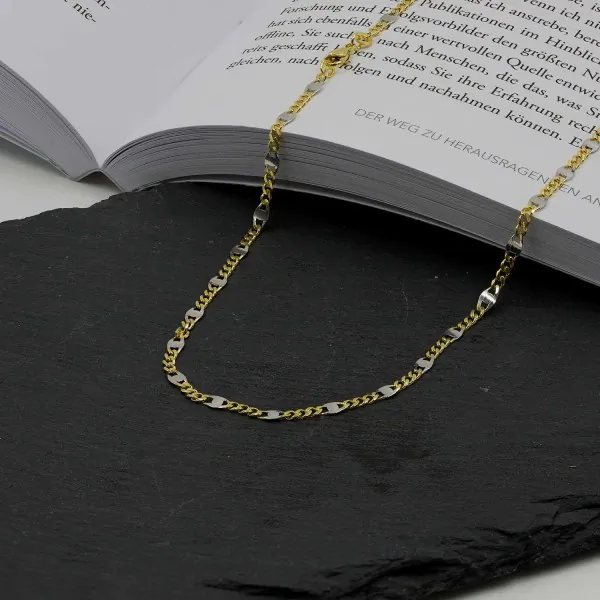 Goldkette als Panzerstegkette in Bicolor Gelbgold / Weißgold 585 / 14K, 45 cm lang, 3,1 mm breit, Gewicht ca. 5 g.