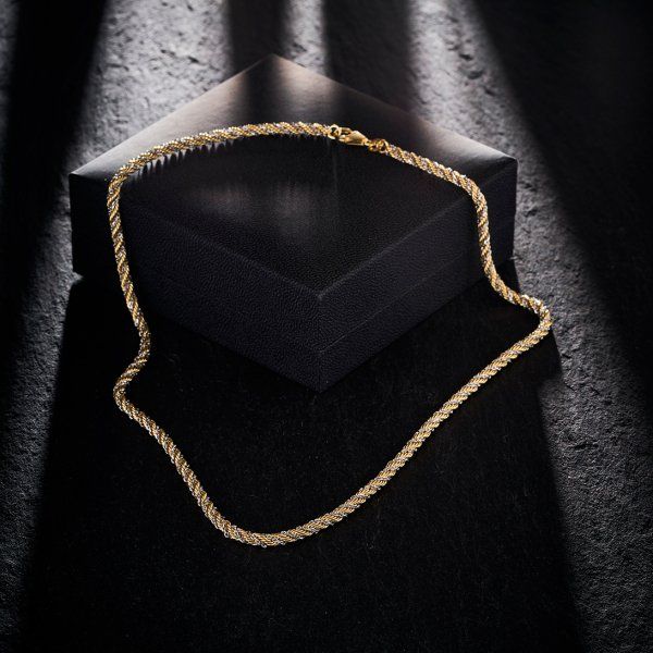 Goldkette als Kordelkette hohl in Bicolor Gelbgold / Weißgold 585 / 14K, 50 cm lang, 3,3 mm breit, Gewicht ca. 13.3 g.