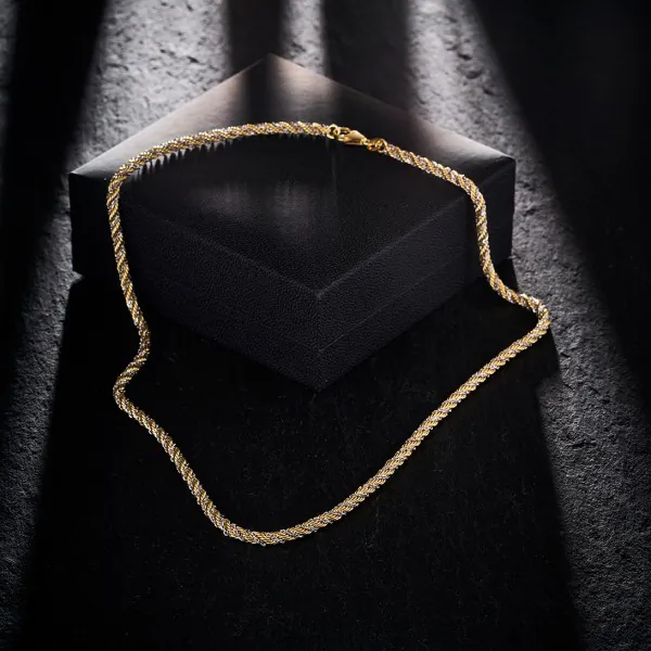 Goldkette als Kordelkette hohl in Bicolor Gelbgold / Weißgold 585 / 14K, 50 cm lang, 3,3 mm breit, Gewicht ca. 13.3 g.