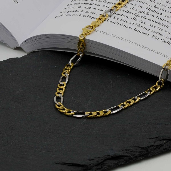 Goldkette als Figarokette hohl in Bicolor Gelbgold / Weißgold 750 / 18K, 70 cm lang, 5,7 mm breit, Gewicht ca. 20.5 g.