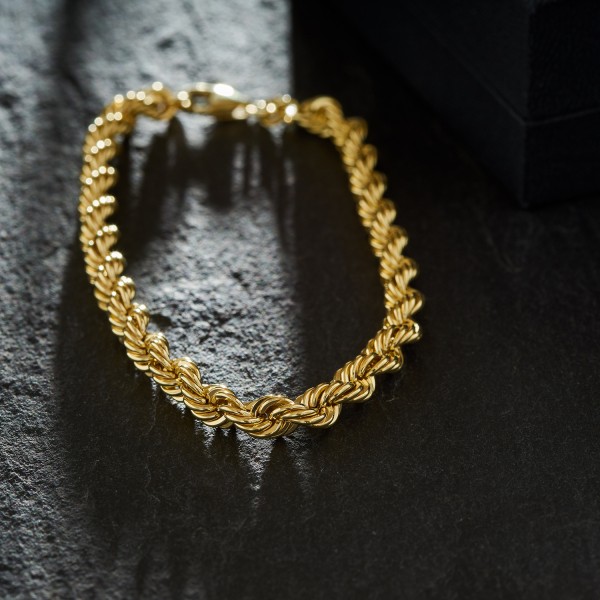 Armband als Kordelkette hohl in Gelbgold 585 / 14K, 19 cm lang, 5 mm breit, Gewicht ca. 6.9 g.