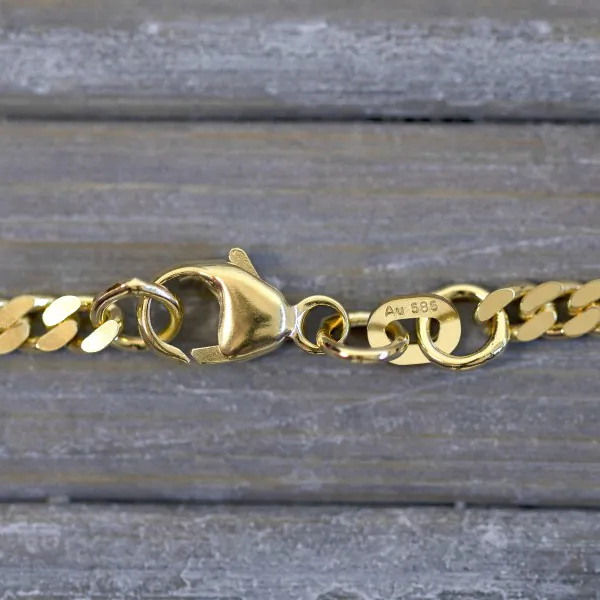 Armband als Panzerkette flach in Gelbgold 585 / 14 K, 18,5 cm lang, 2,7mm breit, Gewicht ca. 4 g.