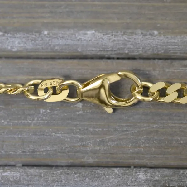Armband als Panzerkette flach in Gelbgold 585 / 14K, 18,5 cm lang, 3,4 mm breit, Gewicht ca. 5.8 g.