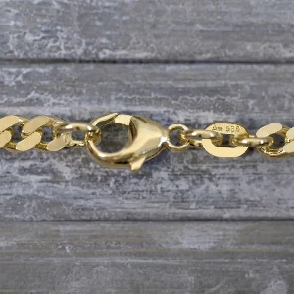 Armband als Panzerkette flach in Gelbgold 585 / 14K, 14 cm lang, 4,1 mm breit, Gewicht ca. 6 g.