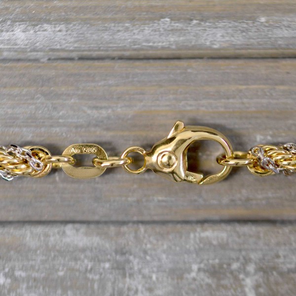 Goldkette als Kordelkette hohl in Bicolor Gelbgold / Weißgold 585 / 14K, 34 cm lang, 3,3 mm breit, Gewicht ca. 9.1 g.