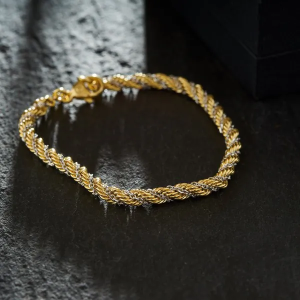 Armband als Kordelkette hohl Bicolor in Gelbgold / Weißgold 585 / 14K, 18,5 cm lang, 3,3 mm breit, Gewicht ca. 5.3 g.