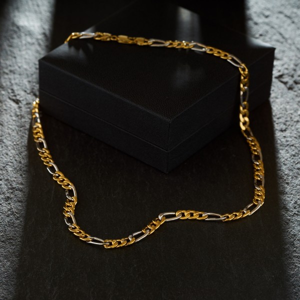 Goldkette als Figarokette hohl in Bicolor Gelbgold / Weißgold 585 / 14K, 50 cm lang, 5,7 mm breit, Gewicht ca. 12.2 g.