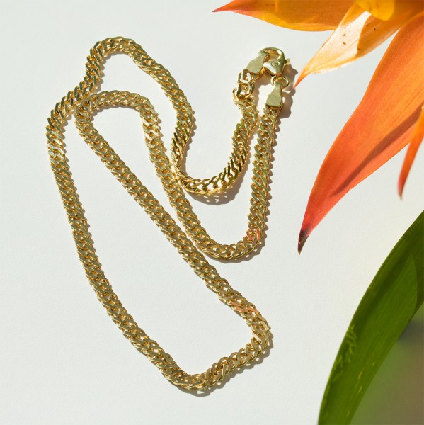 Goldkette als Zwillingspanzerkette in Gelbgold 585 / 14K, 85 cm lang, 3,9 mm breit, Gewicht ca. 17.5 g.