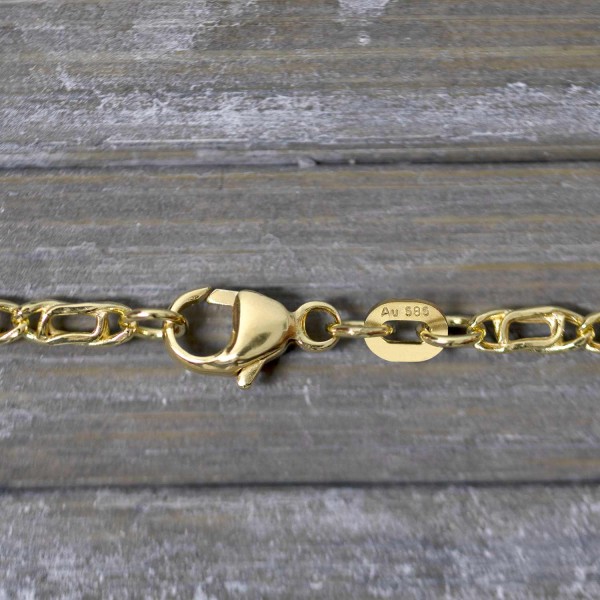 Armband als Tigeraugenkette hohl in Gelbgold 585 / 14K, 17 cm lang, 2.5 mm breit, Gewicht ca. 1.5 g.