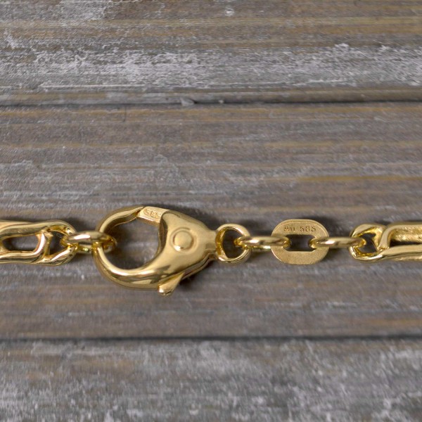 Armband als Tigeraugenkette hohl in Gelbgold 585 / 14K, 19 cm lang, 3,8 mm breit, Gewicht ca. 3 g.