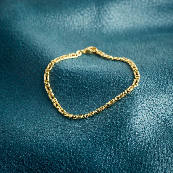 Armband als Tigeraugenkette hohl in Gelbgold 585 / 14K, 19 cm lang, 3,8 mm breit, Gewicht ca. 3 g.