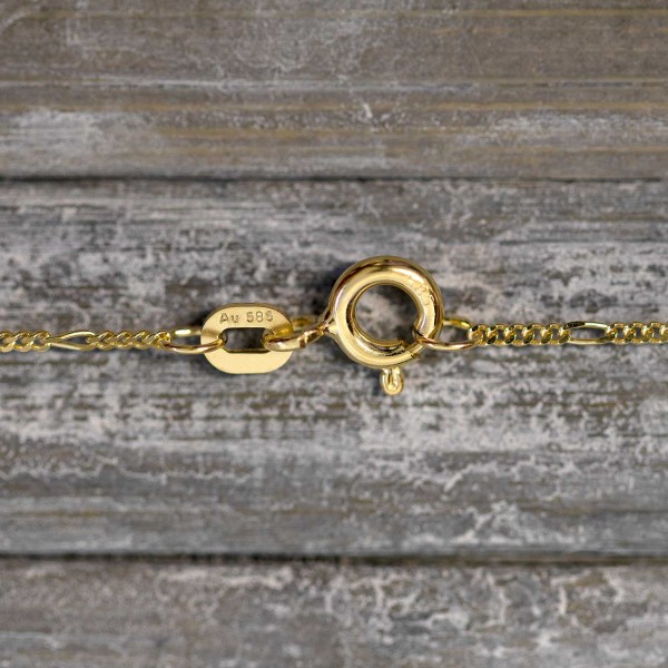 Goldkette als Figarokette diamantiert in Gelbgold 585 / 14K, 42 cm lang, 1,1 mm breit, Gewicht ca. 1.4 g.