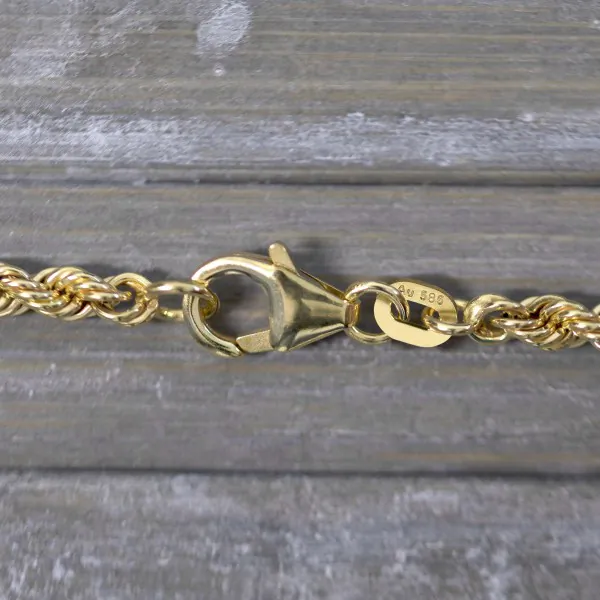 Armband als Kordelkette hohl in Gelbgold 585 / 14K, 24 cm lang, 3,3 mm breit, Gewicht ca. 4.3 g.