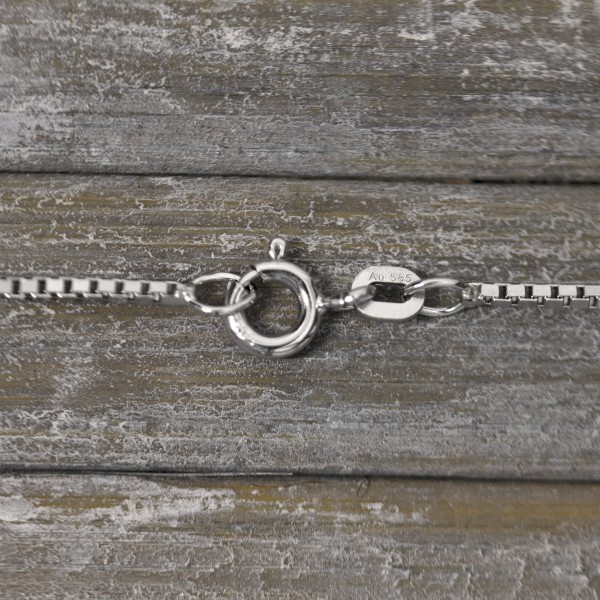 Goldkette als Venezianerkette in Weißgold 585 / 14K, 100 cm lang, 1,2 mm breit, Gewicht ca. 10.5 g.