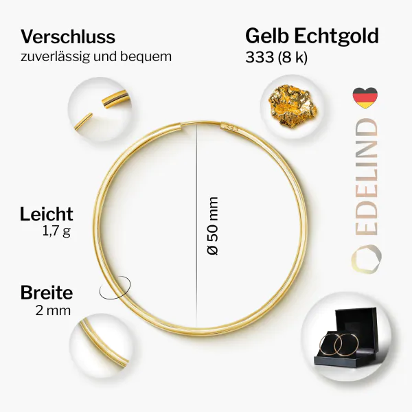 EDELIND Ohrringe, Creolen, Gelbgold 333 / 8K, Außendurchmesser 50 mm, Breite 2 mm, Gewicht ca. 1.7 g