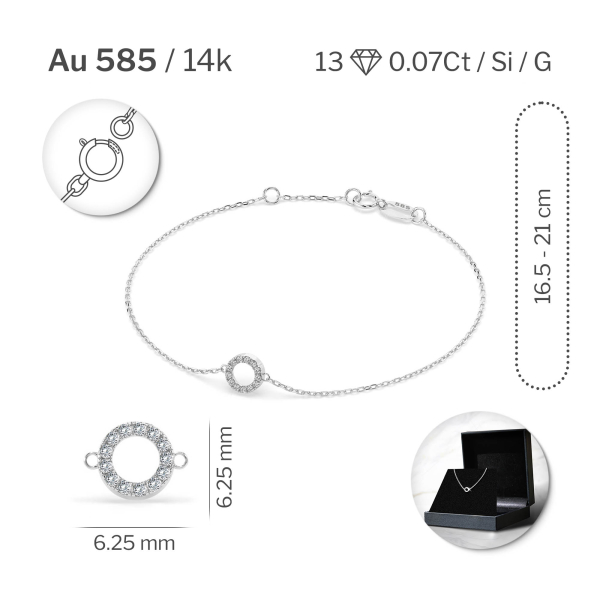 Goldarmband als Ankerkette mit 0,07 Karat Diamanten, Weißgold 585 / 14 Karat, 21 cm lang, Gewicht ca. 0,8 g.