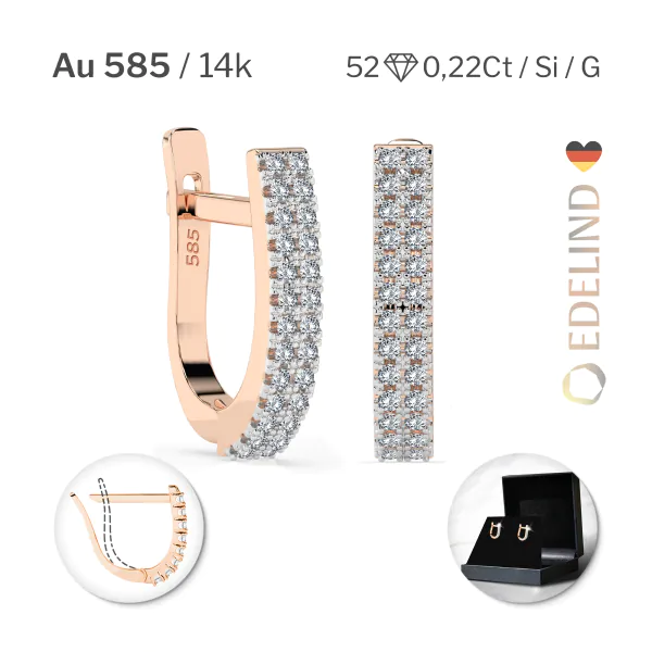 0,22 Karat Diamant Creolen, Rotgold 585 / 14 Karat, Gewicht ca. 2.5 g.