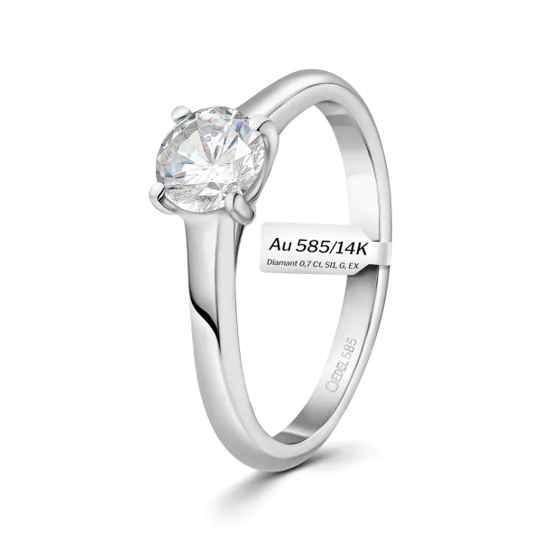 0,70 Karat Diamant Ring mit GIA Zertifikat, Weißgold 585 / 14K, Breite 1,7 mm,Weite 58 mm, Gewicht ca. 2.9 g.