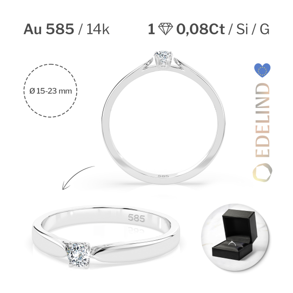 0,08 Karat Diamant Verlobungsring mit 1 Diamanten, Weißgold 585 / 14K, Weite 54 mm, Gewicht ca. 1.9 g.