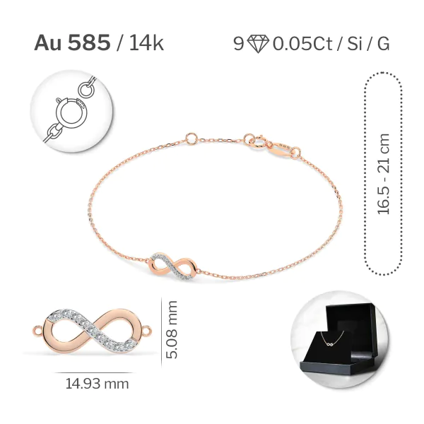 Goldarmband als Ankerkette mit 0,05 Karat Diamanten, Rotgold 585 / 14 Karat, 18 cm lang, Gewicht ca. 1,0 g.