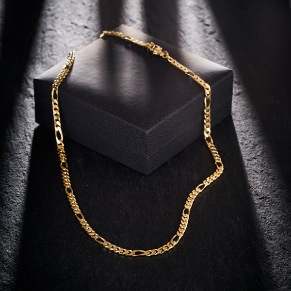 Goldkette als Figarokette diamantiert in Gelbgold 585 / 14K, 55 cm lang, 4,3 mm breit, Gewicht ca. 23.4 g.