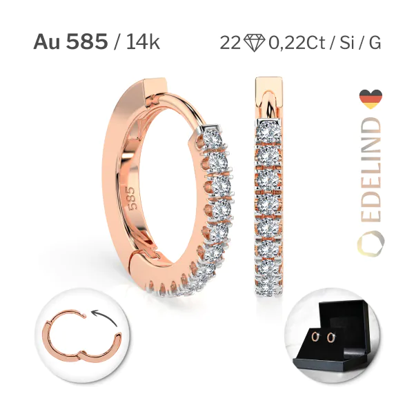 0,22 Karat Diamant Creolen, Rotgold 585 / 14 Karat, Gewicht ca. 2 g.