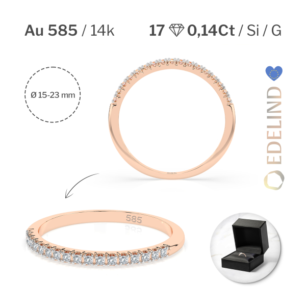 0,14 Karat Diamant Memoire Ring mit 17 Diamanten, Rotgold 585 / 14K, Weite 53 mm, Gewicht ca.