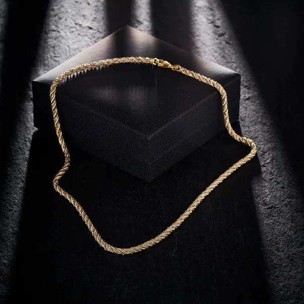 Goldkette als Kordelkette hohl in Bicolor Gelbgold / Weißgold 585 / 14K, 50 cm lang, 3,3 mm breit, Gewicht ca. 13.3 g.