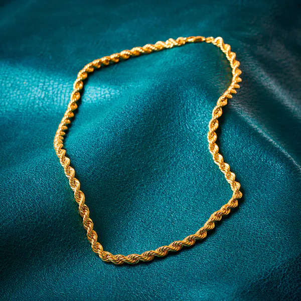 Goldkette als Kordelkette hohl in Gelbgold 585 / 14K, 50 cm lang, 5,4 mm breit, Gewicht ca. 21.6 g.