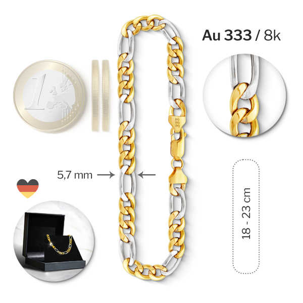 Armband als Figarokette hohl Bicolor in Gelbgold / Weißgold 333 / 8K, 19 cm lang, 5,7 mm breit, Gewicht ca. 4.06 g.