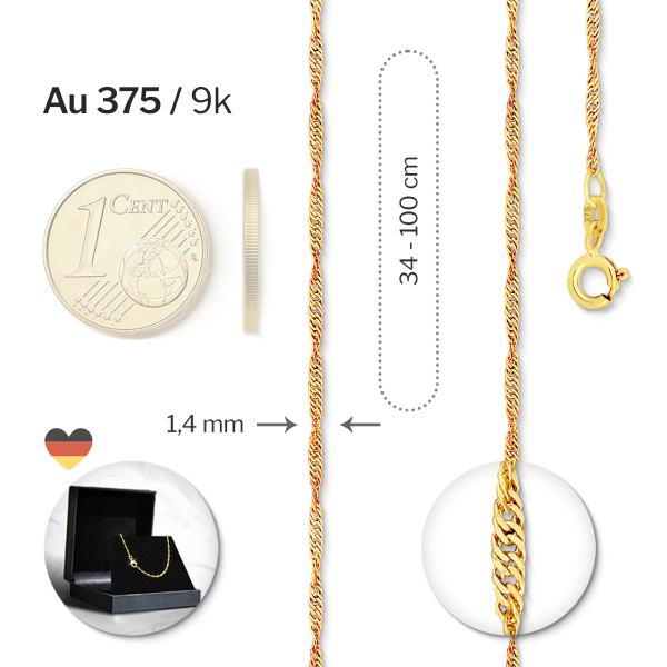 Goldkette als Singapurkette in Gelbgold 375 / 9 Karat, 100 cm lang, 1.4 mm breit, Gewicht ca. 3.6 g.