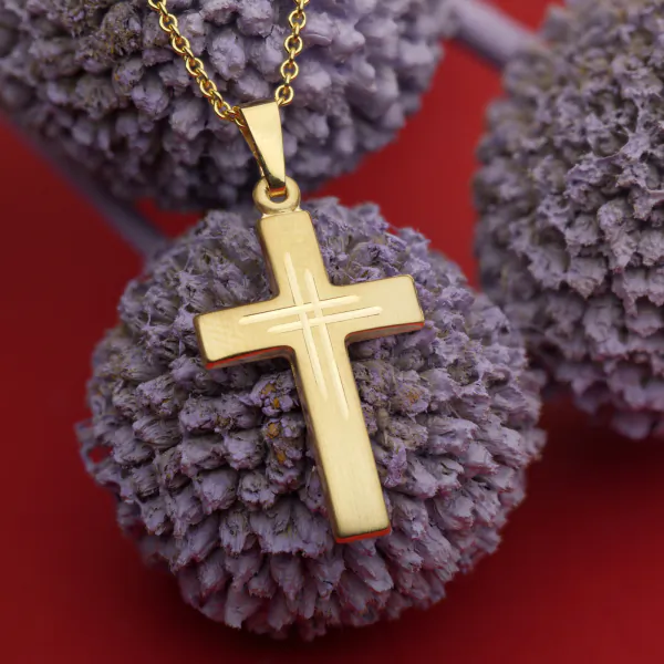 Anhänger Kreuz seidenmatt/diamantiert Gelbgold 21 mm