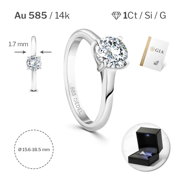 1 Karat Diamant Ring mit GIA Zertifikat, Weißgold 585 / 14K, Breite 1,7 mm,Weite 49 mm, Gewicht ca. 3.5 g.