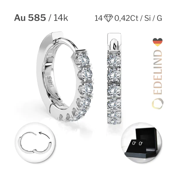0,42 Karat Diamant Creolen, Weißgold 585 / 14 Karat, Gewicht ca. 2.1 g.