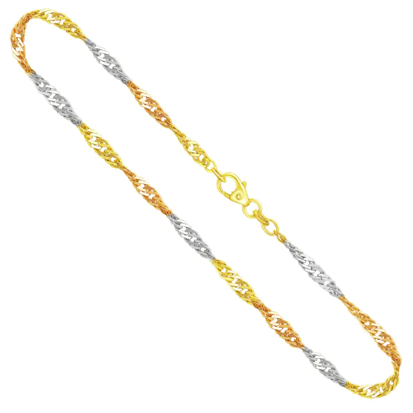 Goldkette als Singapurkette Tricolor in Gelbgold / Weißgold / Rotgold 333 / 8K, 42 cm lang, 2,9 mm breit, Gewicht ca. 5 g.