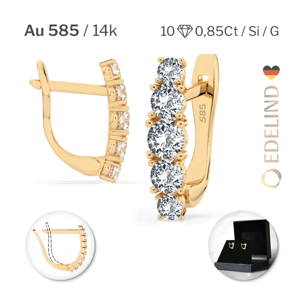 0,85 Karat Diamant Creolen, Gelbgold 585 / 14 Karat, Gewicht ca. 2.1 g.
