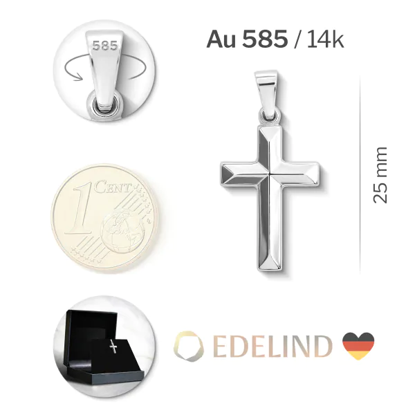Anhänger Kreuz glanz, Weißgold 585 / 14K, Höhe 25.0 mm, Breite 12.1 mm, Gewicht ca. 0.74 g
