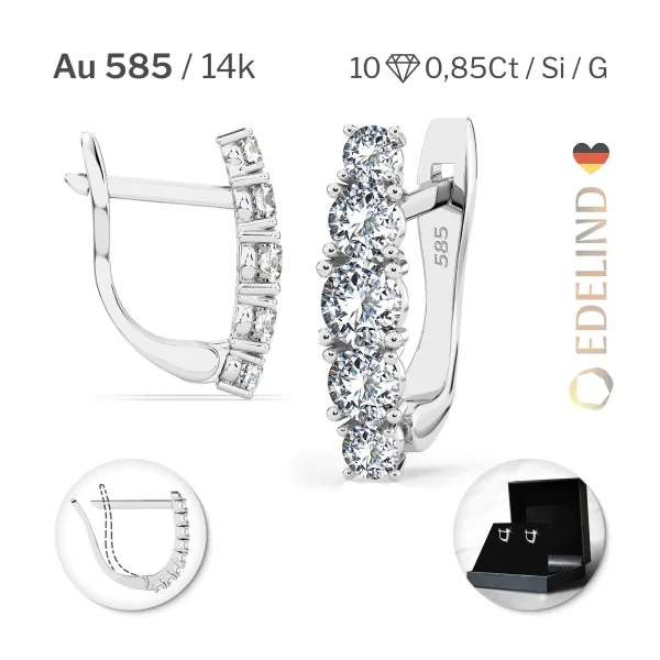 0,85 Karat Diamant Creolen, Weißgold 585 / 14 Karat, Gewicht ca. 2.1 g.