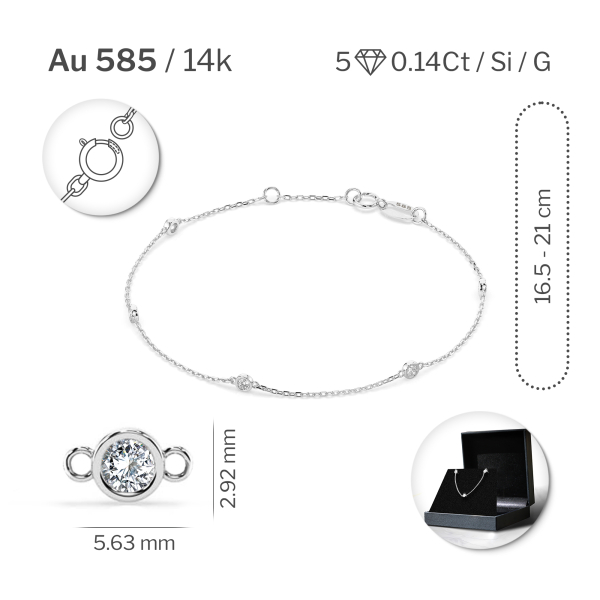 Goldarmband als Ankerkette mit 0,14 Karat Diamanten, Weißgold 585 / 14 Karat, 20 cm lang, Gewicht ca. 0,9 g.