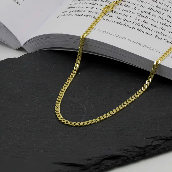 Goldkette als Panzerkette flach in Gelbgold 585 / 14K, 60 cm lang, 3,4 mm breit, Gewicht ca. 16.7 g.