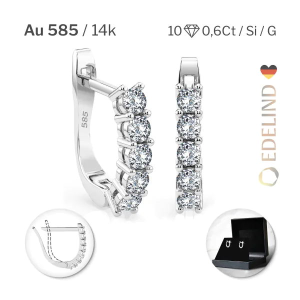 0,6 Karat Diamant Creolen, Weißgold 585 / 14 Karat, Gewicht ca. 2.2 g.