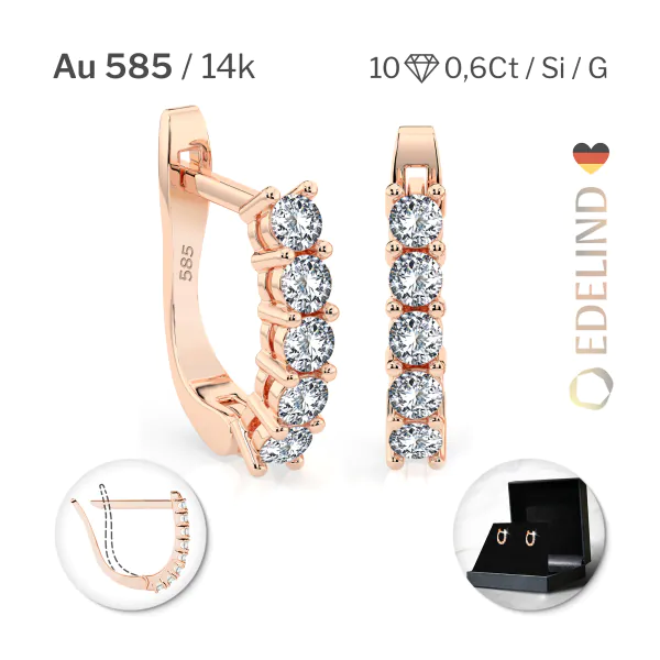 0,6 Karat Diamant Creolen, Rotgold 585 / 14 Karat, Gewicht ca. 2.2 g.