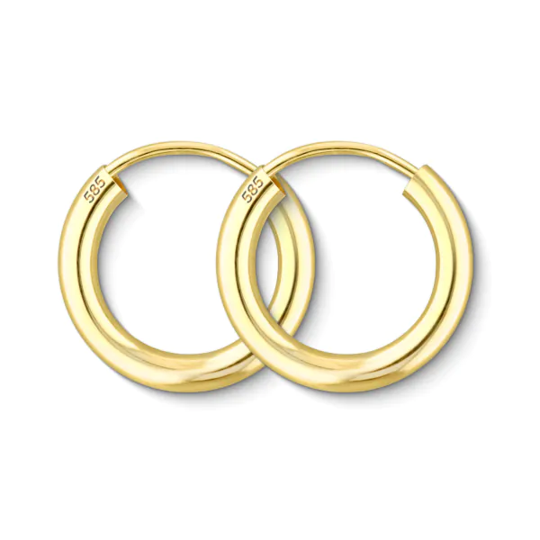 Ohrringe, Creolen, Gelbgold 585 / 14K, Außendurchmesser 15 mm, Breite 2.5 mm, Gewicht ca. 0.8 g